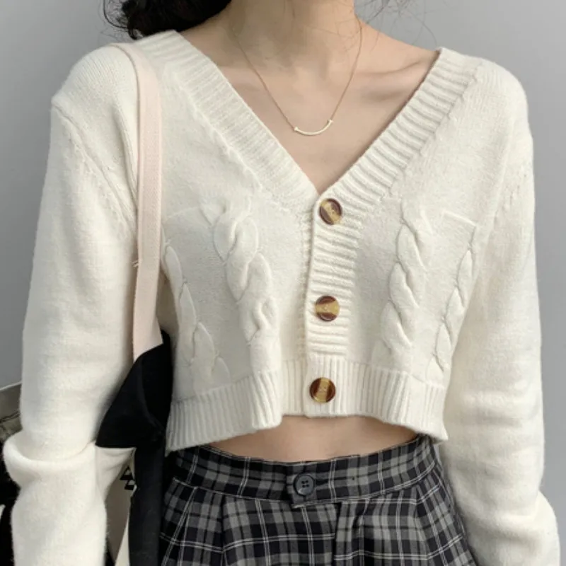 

Short Crop Top High Waist Knitted Cardigans Woman Sweaters Autumn 2020 Single-breasted Twist Cardigan Coat Slim Womens Clothing