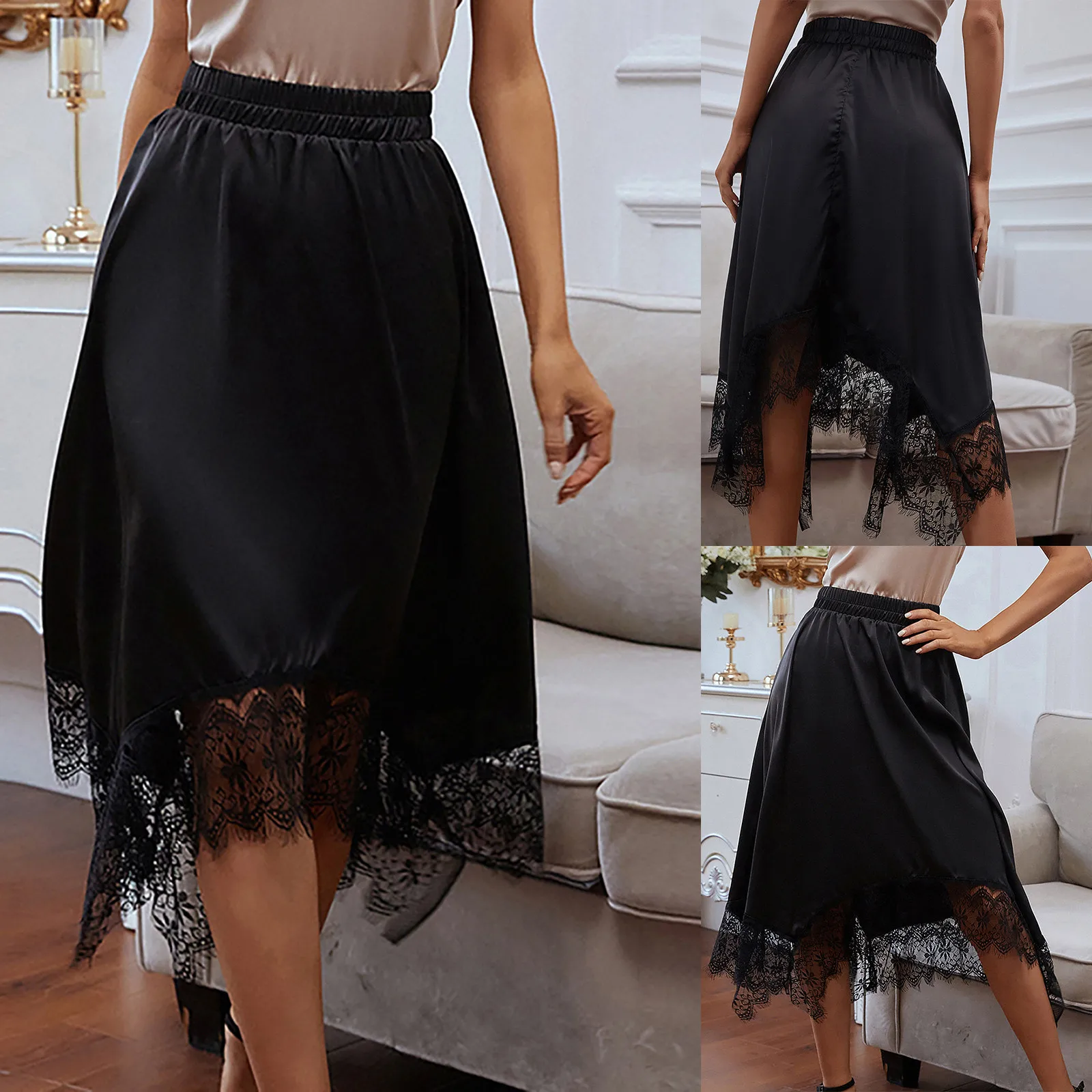 

Women's Solid Color Sexy Lace Stitching High Waist Elastic Waist Fashion Skirt Lace Patchwork Elastic Waist Skirt Short Skirt