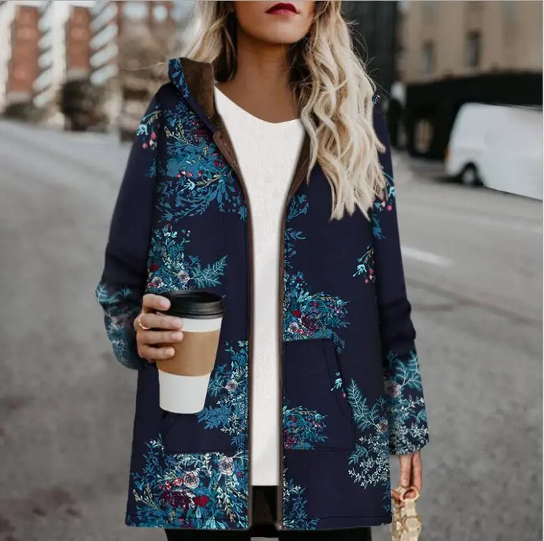 

Flowers Print Vintage Women Jacket Winter Hooded Pockets Oversize Coat 2019 Plus Size Ladies Fleece Long Sleeve Jacket