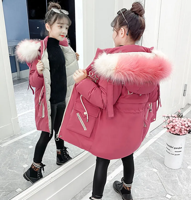 

Winter Coat Girl Fur Collar Thickened Kids Jacket For Girls Warm Mid-length Hooded Down Coat Children's Outerwear Girl Clothes