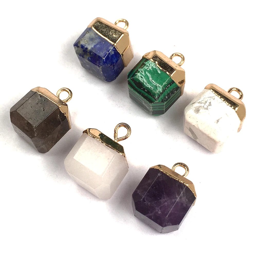 Gold Plated Natural Stone Square Pendant Amethyst Malachite Crystal Jewelry for Women Necklace Making image 2