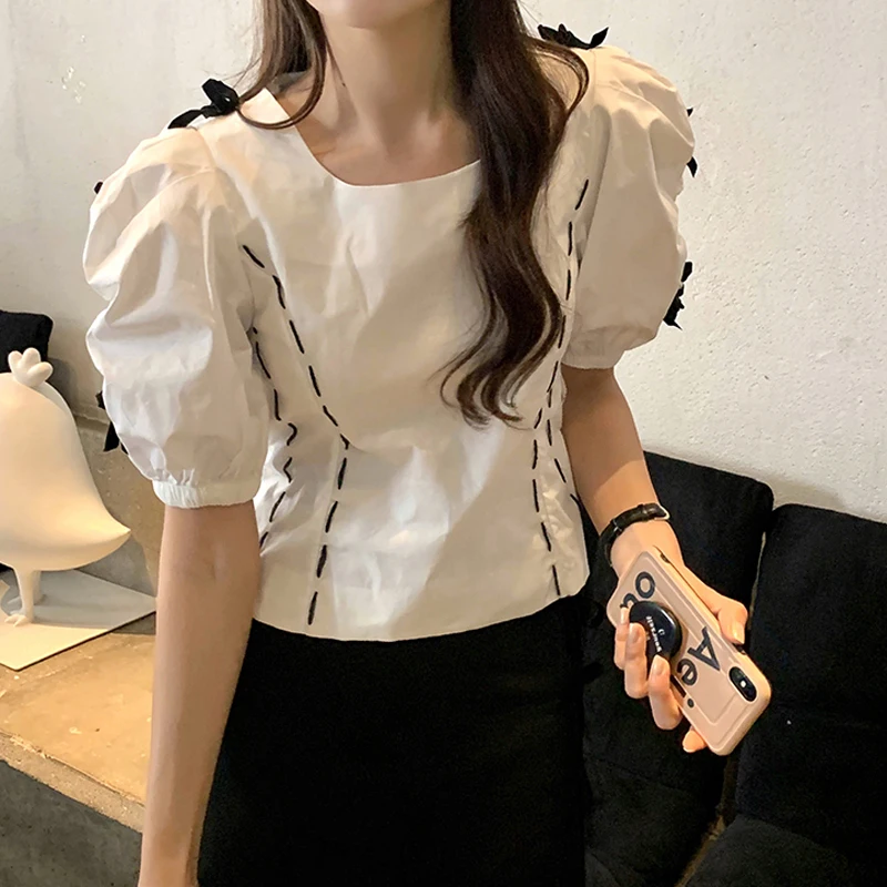 

HziriP 2021 Summer All Match Square Collar Shirts Women Puff Sleeve Korean Set Slim Blouses Fashion Elegant Girl Sweet