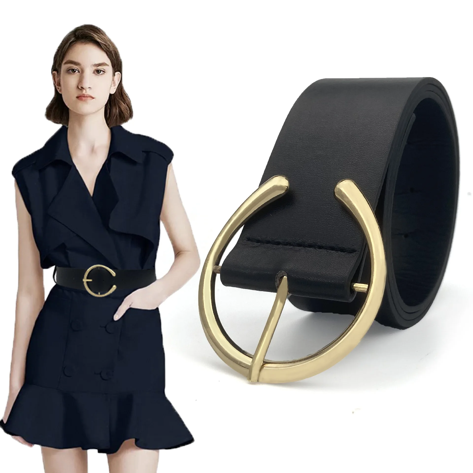 

Женский кожаный ремень с широкой пряжкой, черный и золотой ремень в стиле ретро, 2021