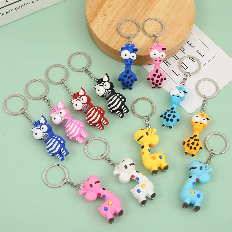 

Creative Ugly Cute Eyes Striped Horse Keychain Sika Deer Epoxy Keyring Color Spotted Giraffe Key Chain Pendant Accessories