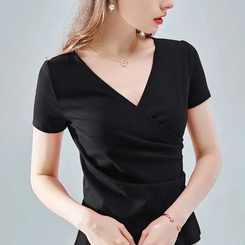

Cross V-neck short sleeve T-shirt women 2021 summer new half sleeve cotton T-shirt French pleated waist top