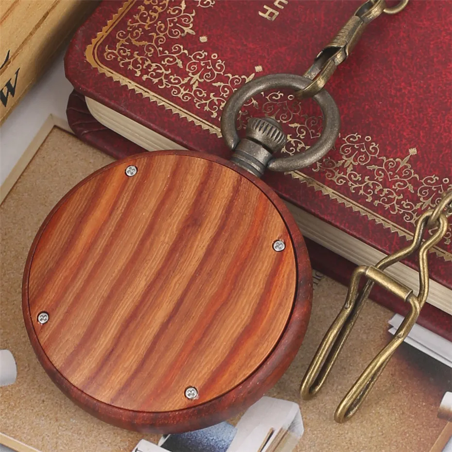 

Stylish Red Wood Watch Case Quartz Pocket Watch Vintage Bronze Steampunk Pocket Chain Wooden Pendant Clock with Chains