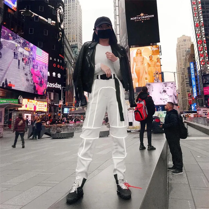 Высокая талия женские комбинезоны светоотражающие полосы ремень со строчкой