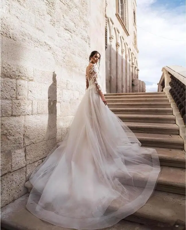 

New Champpagne Mermaid Wedding Dress 2021 Vestido Novia Detachable Train Long Sleeve Wedding Gowns Lace Sheer Bride Dresses Gala