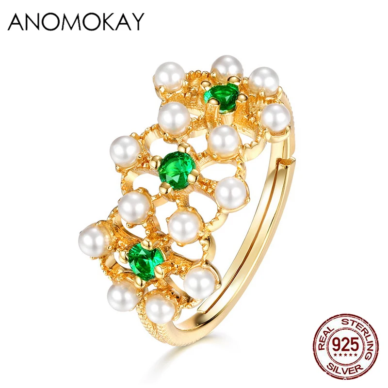 

Anomokay Dropshipping HOT Nano Green CZ Gold Rings for Women Girlfriend Mom Gift 925 Sterling Silver Hollow Flower Pearl Ring