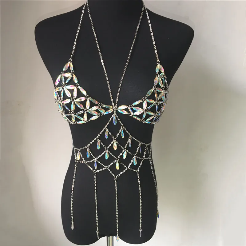 

FestivalQueen Bling Metal Tassel Details Tank Tops Festival Rave Clothing Summer Sexy Backless Rave Body Chain Beach Tops