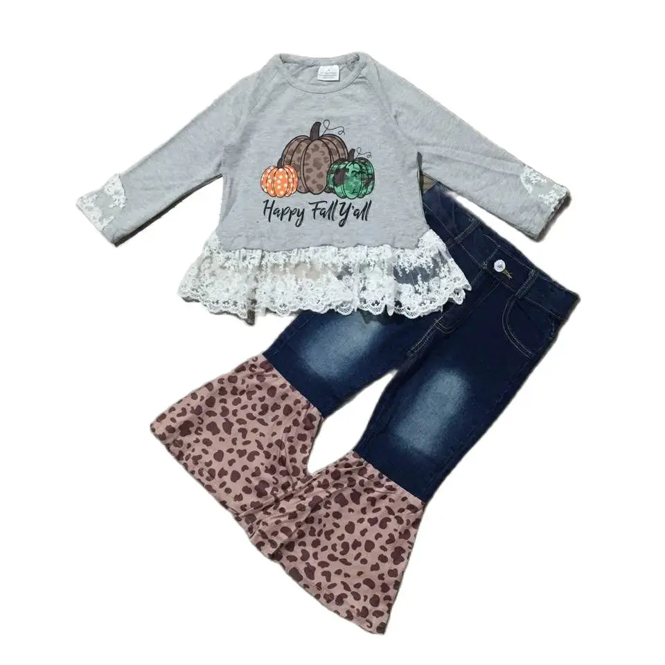 

Girlymax Autumn Happy Fall Y'all Baby Girls Long Pumpkin Lace Top Leopard Bell-bottoms Denim Jeans Pants Set Kids Clothing