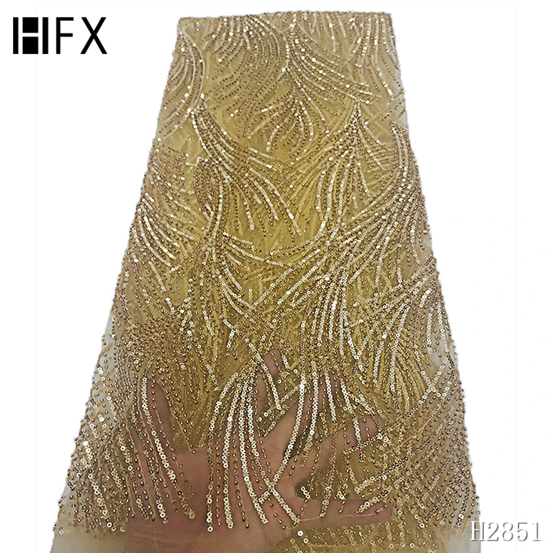 

HFX African French Lace Fabric High Quality Embroidery Tulle lace With Sequins gliter mesh nigerian lace for evening party X2851