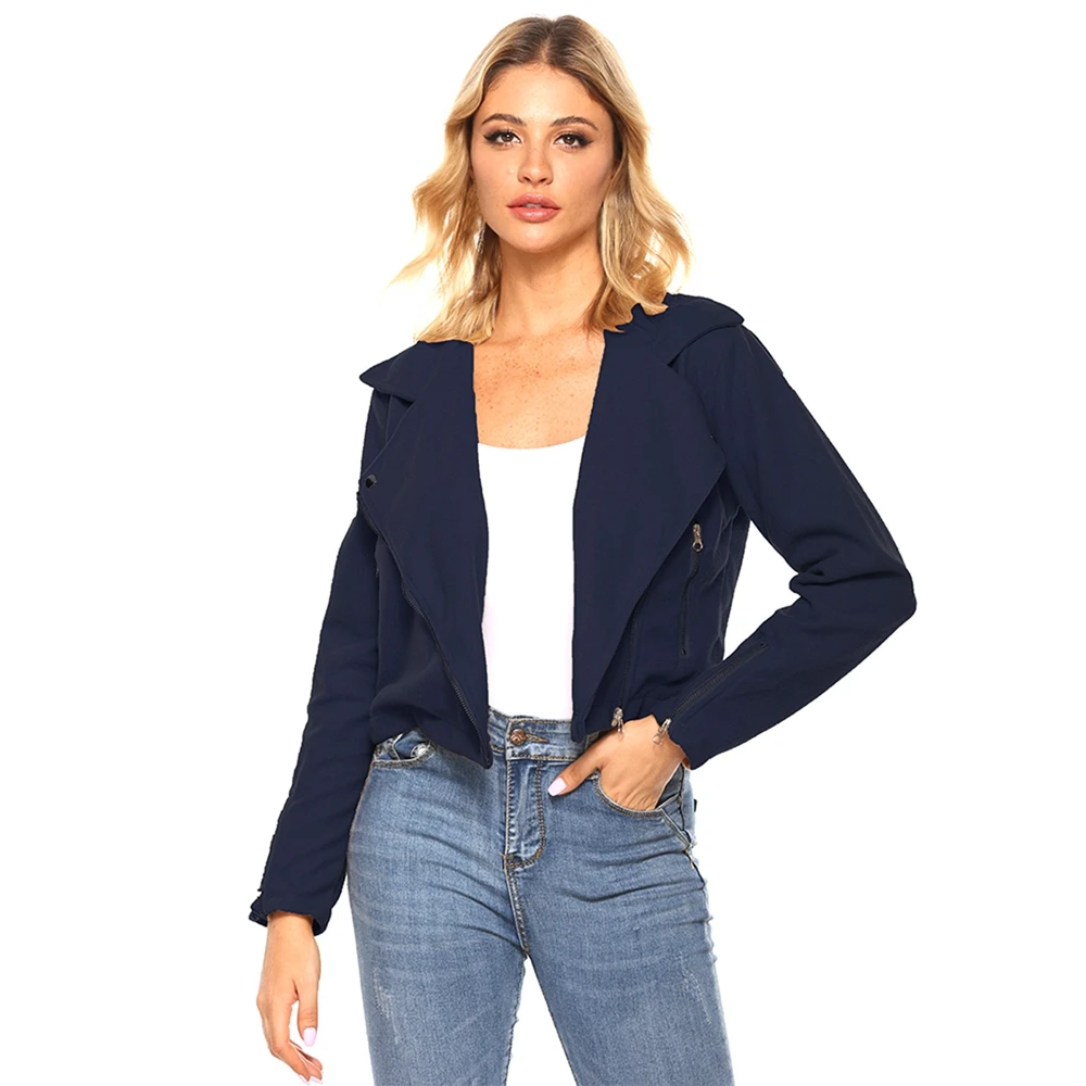 

Женское шерстяное пальто с длинным рукавом, короткая локомотивная куртка на молнии, Осенние однотонные повседневные пальто