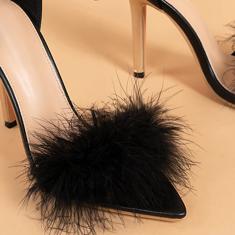 

Fashion Chain Women Sandals High Heels Sexy Fur Women Pumps Shoe Women Summer New 2021 Pointed Toe High-Heeled Female Shoes