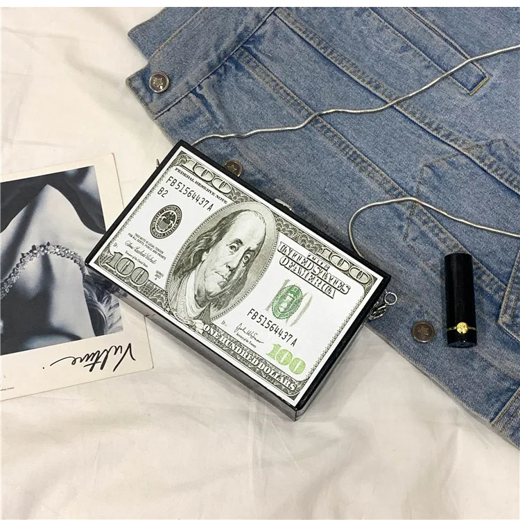 Fashion Dollar Pattern Box Design Pu Leather Women Daily Clutch Bag Chain Purse Shoulder Bag Tote Ladies Handbag Crossbody Bag