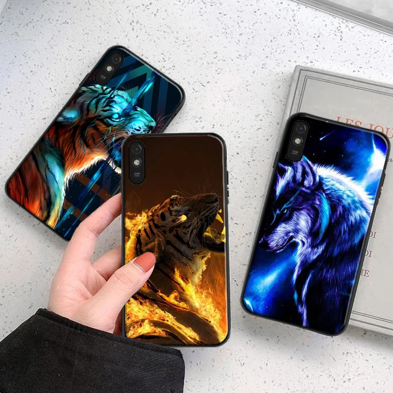 

Phone Case For Xiaomi Redmi 7 7A 8 8A 9 9i 9AT 9T 9A 9C Note 7 88T 8 Pro Luxury Black Shell Cover Wolf Lion Cool Animal funda