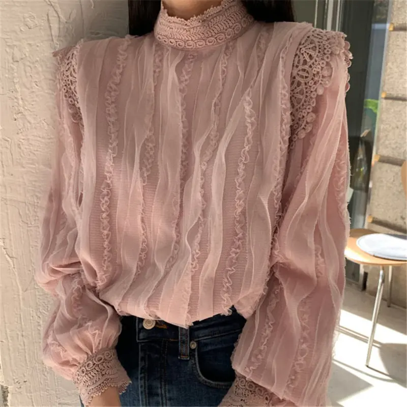 

Hot Vintage Patchwork Lace Shirts OL Stand Female 2021 Office Lady Chic Loose Fashion All Match Streetwear Blouses