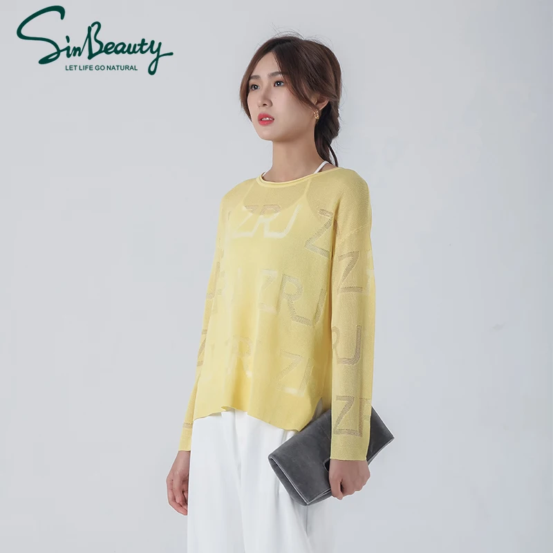 

SINBEAUTY 2021 Fashion Hollowed out Summer Women's Round Solid Sense of design color Neck Long Sleeve Pullover