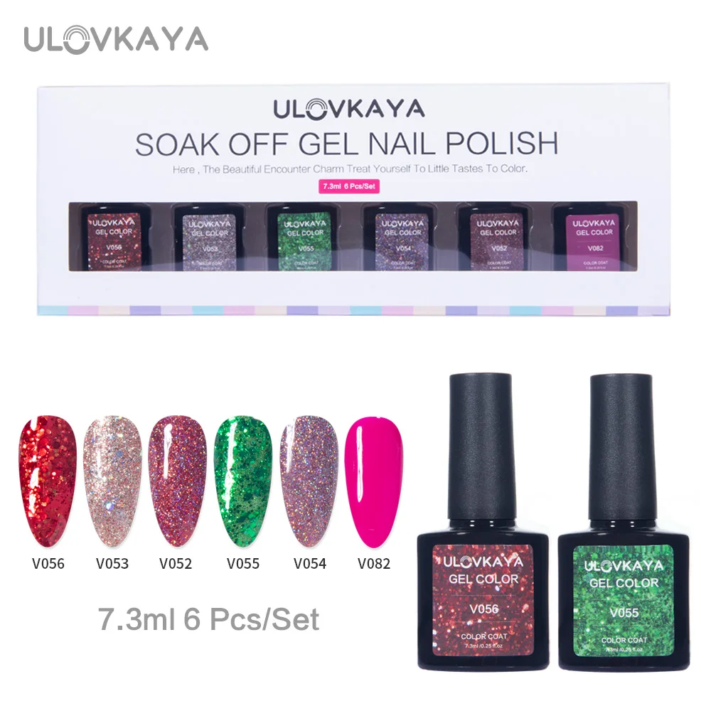 

ULOVKAYA 6Pcs/Set Glitter Nail Gel Polish Set Christmas Festival Soak Off Nail Varnishes All For Manicure Semi Permanent Lacquer