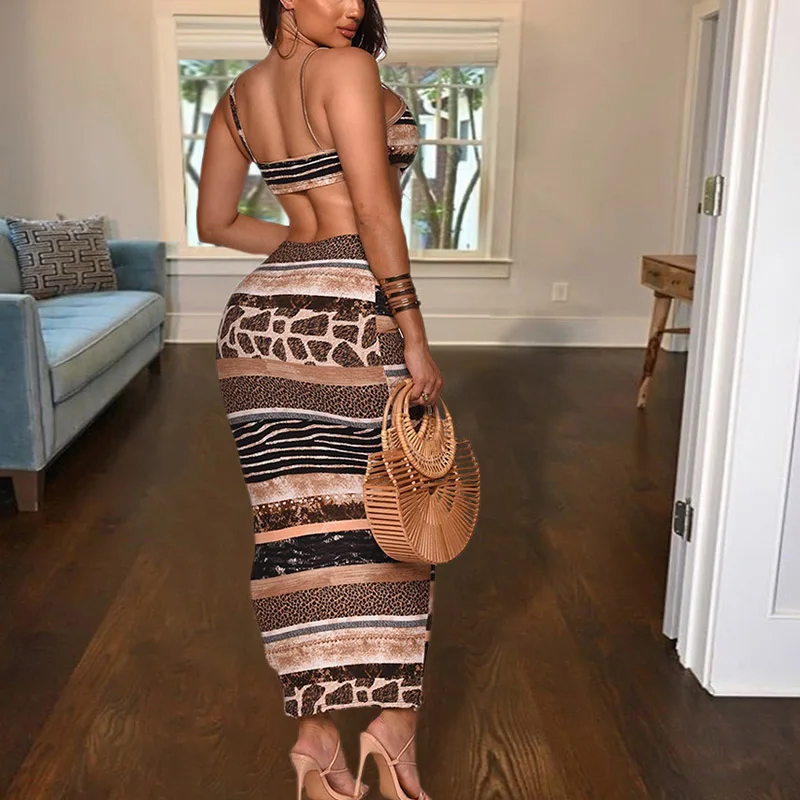 

2021 Sexy V-Neck Sling Bodycon Long Dress Female Summer Elegant Hollow Out Backless Dress Women Fashion Print Beach Party Dress