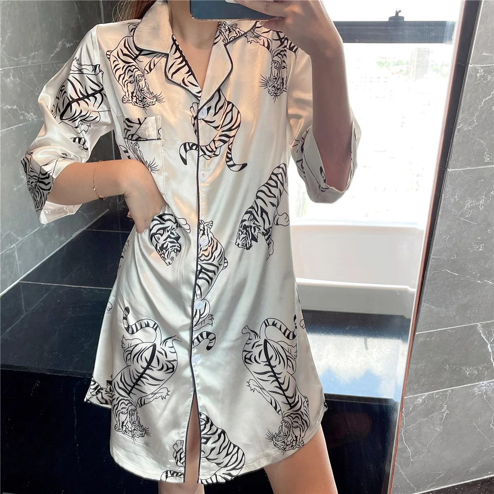 

CAIYIER Summer Night Dress Silk Satin Soft Nightshirts Turn-down Collar Sexy Women Nightgowns Plus Size M-5XL Home Sleepshirts