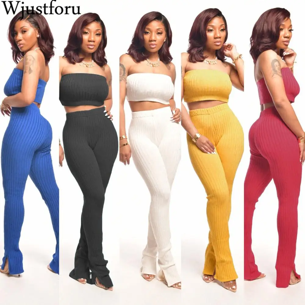 

Wjustforu пикантный ребристый комплект из двух предметов женский топ + расклешенные брюки с разрезом модные подходящие комплекты наряды для жен...