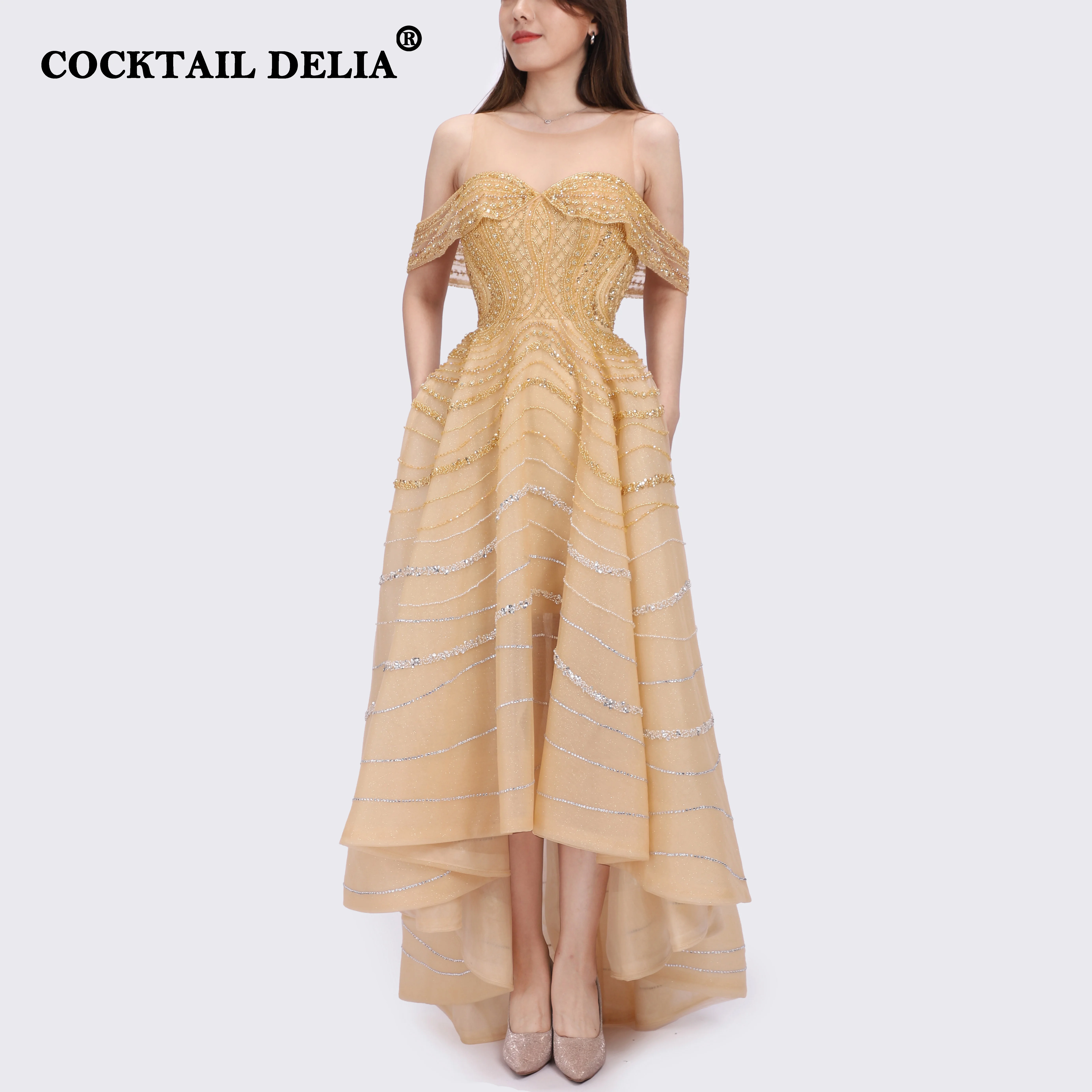 

Cocktail Delia Dubai Gold Luxury 2021 Evening Dresses V-Neck Pearls Crystal Sleeveless Formal Party