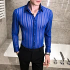 Дизайнерская Сексуальная полосатая рубашка для мужчин, Корейская повседневная мужская рубашка, модная прозрачная рубашка с длинным рукавом, ночная Клубная блуза, Мужской Топ