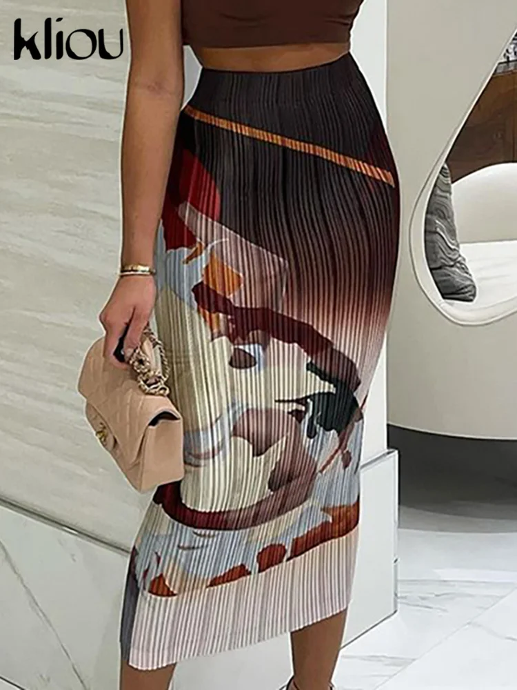 Женская юбка с винтажным принтом Kliou приталенная завышенной талией в стиле