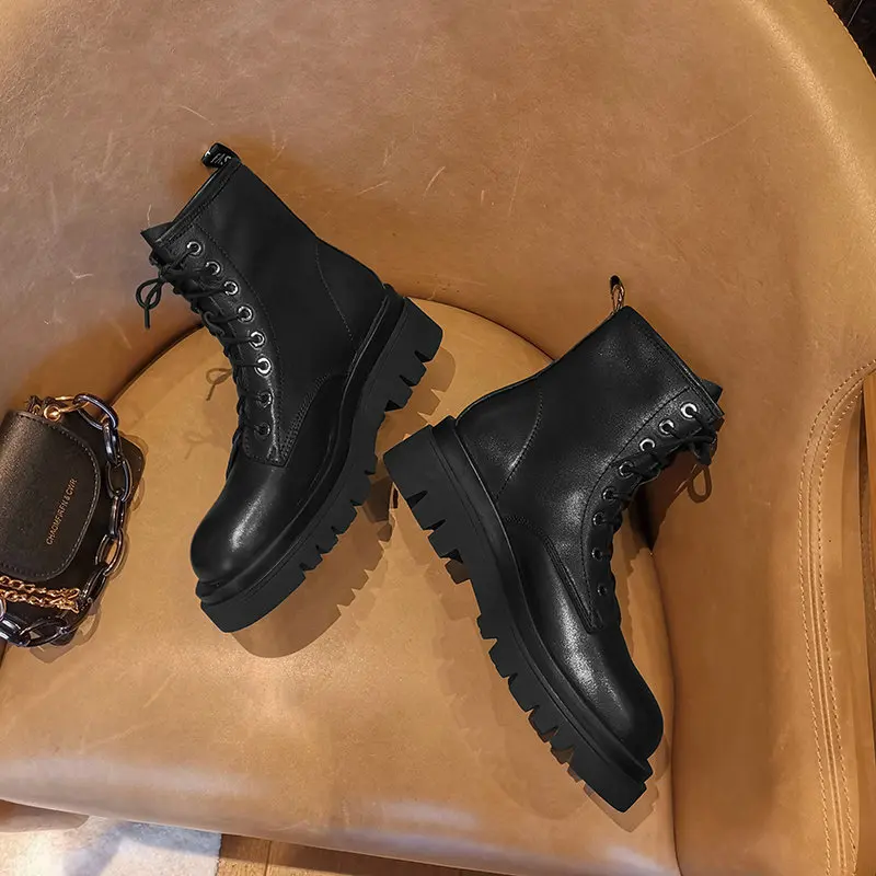 

New Concise Fashion Genuine Leather Autumn and Winter Shoes Cross-tied Square High Heels Boots Night Club Shoes Woman