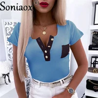 2022 women short sleeve button v neck t shirt top summer new patchwork color slim casual tee pullover ladies elegant streetwear