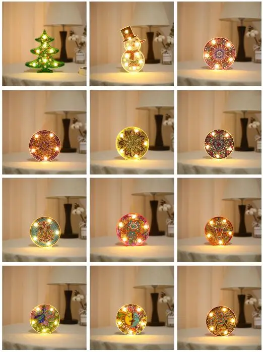 Christmas Hot Sale Round Circle Animal Mandala Landscape Diy Diamond Painting Led Light Lamp On The Table Round Shinny Beads