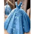 Синее бальное платье Quinceanera, платья с V-образным вырезом и кружевной аппликацией для девочек 15 лет