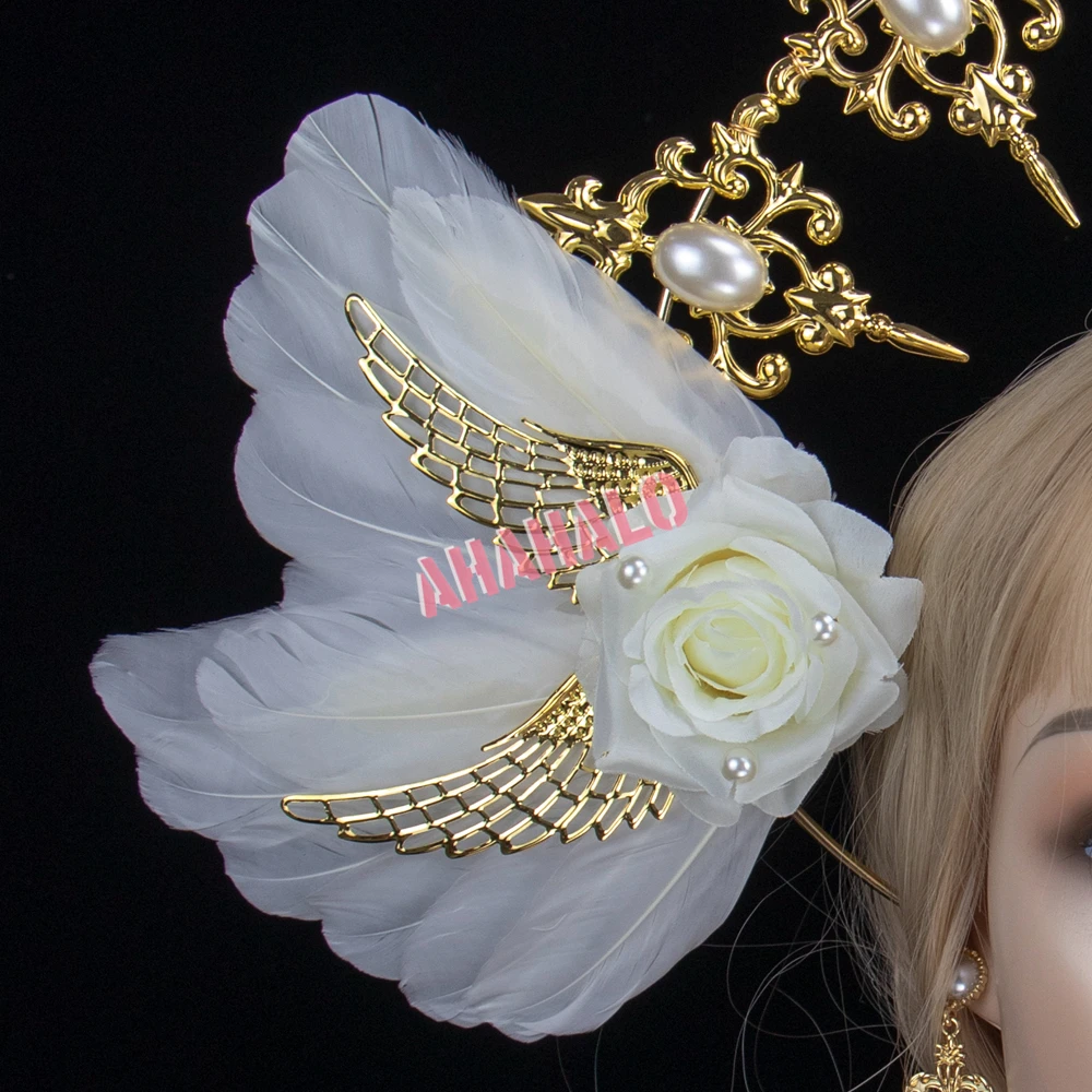 

Gold Halo Headpiece Lolita Headband Sun Godmother's Virgin Mary White Rose Angel Wings KC Spikes Halo Headwear Hair Accessories