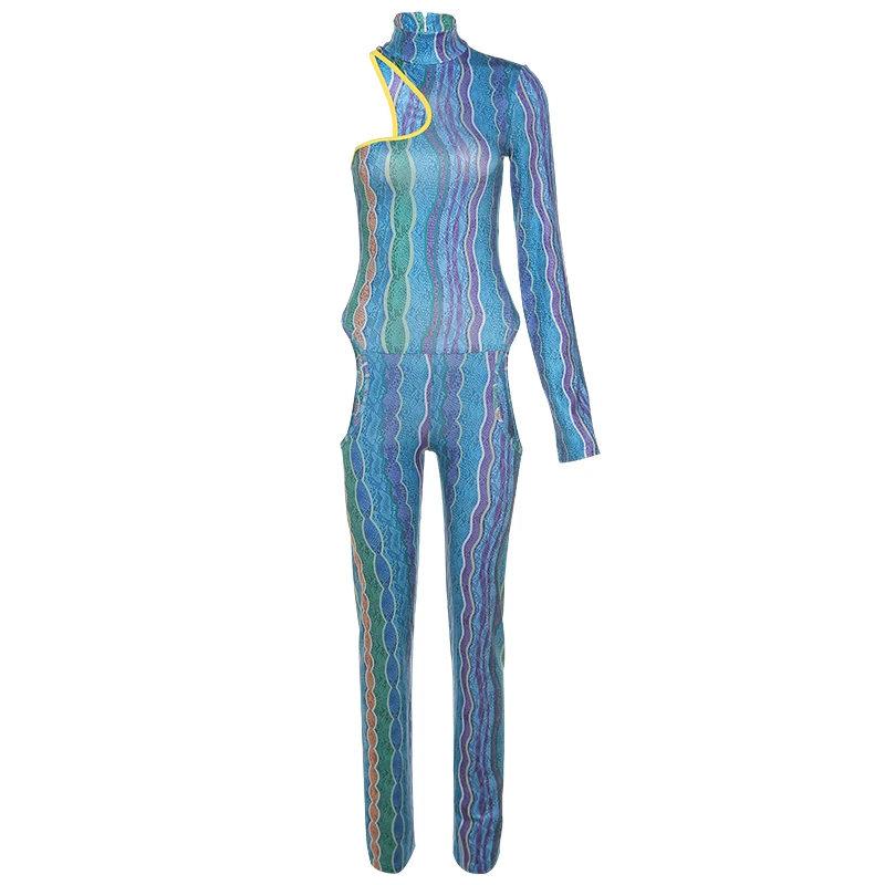 

Hollow Printing Bodysuit Female Slim Stripe High-Waist Elastic Summer Women Tight-Fitting Casual Sport Fitness Street Jumpsuit