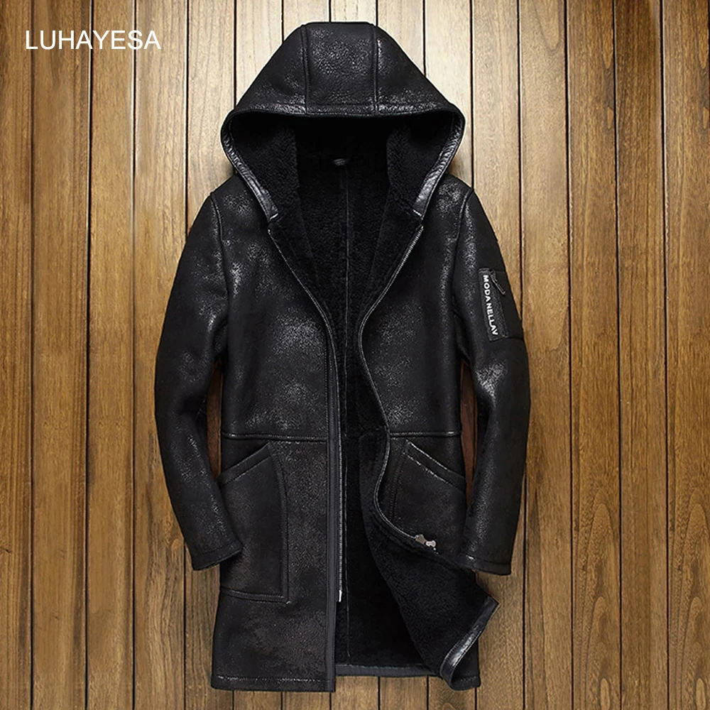 

LUHAYESA 100% Real Sheepskin Fur Long Coat Genuine Sheep Shearling Jacket Male Winter Flight Coat Gray Men Fur Warm Overcoat