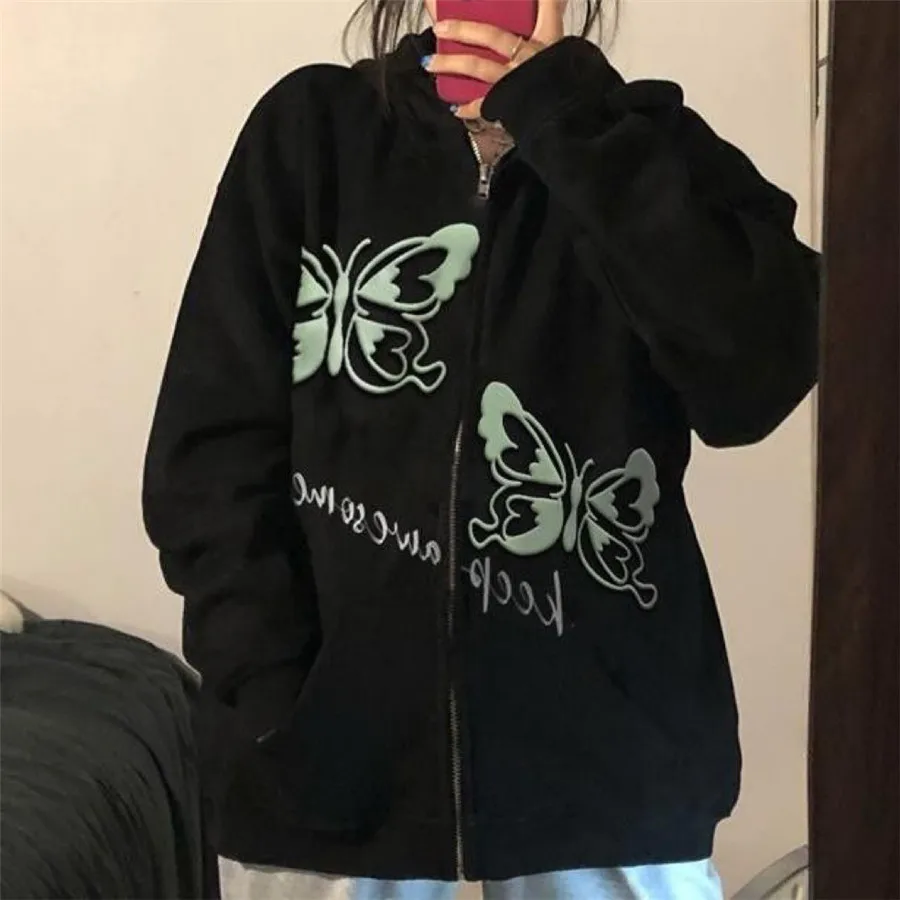 

Gothic Black Butterfly Print Hoodies Women Sweatshirts Vintage Hooded Zip Up Hoodie Coat Sweat Shirts Femme Autumn Winter 2021