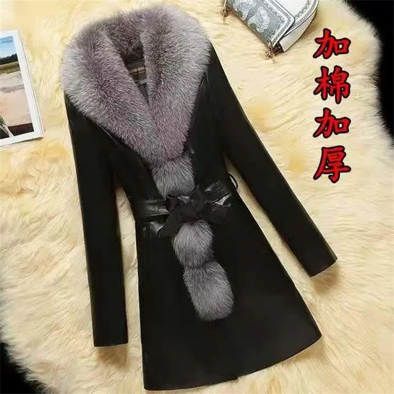 Women Leather Jacket 2021 New Cotton-padded Jacket Leather Jacket Female Mid-length Thickened Faux Fur Collar Down Padded Coat D enlarge