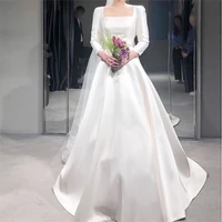 simple wedding dresses with three quarter length sleeves square collar 2020 wedding gowns white ivory fantasy korea bridal dress