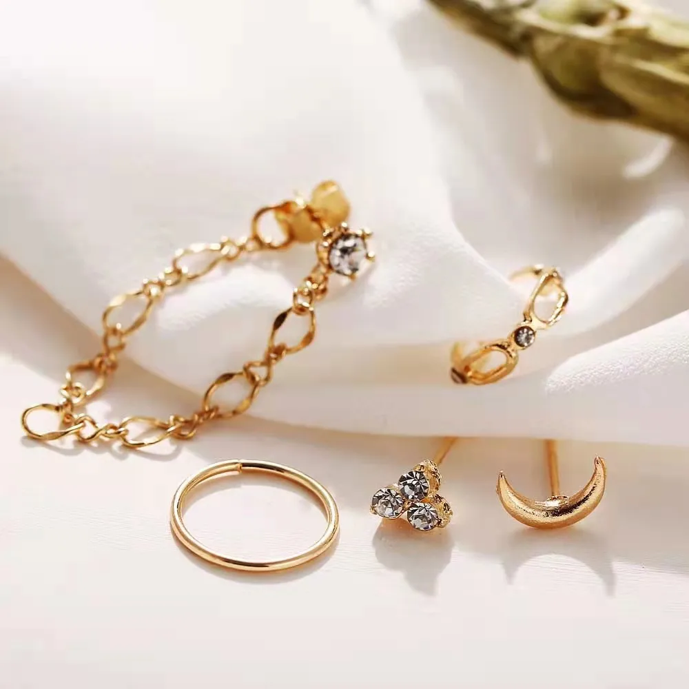 

Fashion Personality Women's Earrings Creative Punk Style Moon Full Diamond Chain Earrings Nap Set Earrings Trend Party Gift