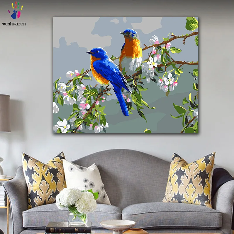 DIY картинки для раскраски по номерам с цветами синяя птица на абрикосовом дереве