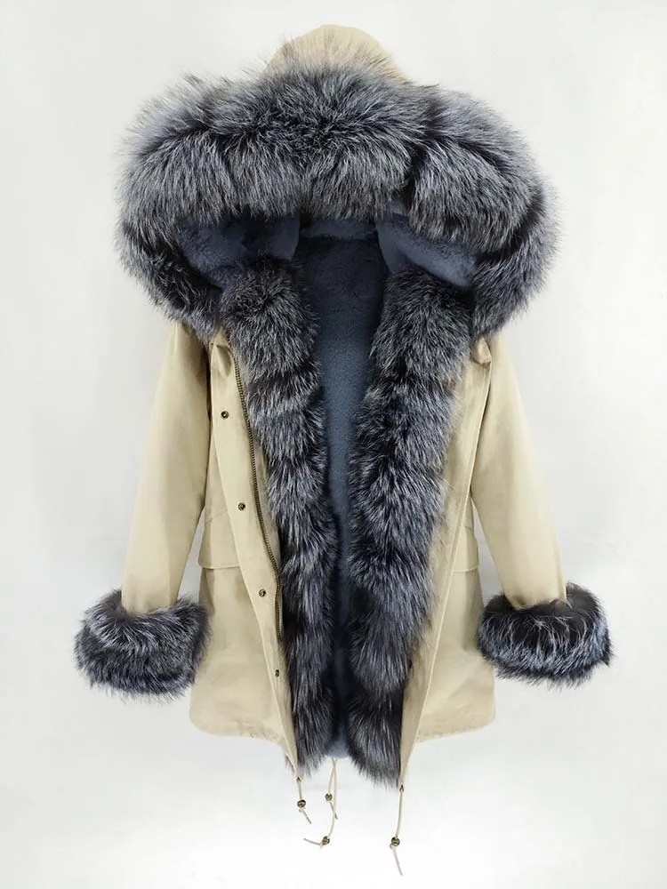 22 silver fur Шуба пальто женское жакет с мехом лисы Пальто воротник мех лисы Капюшон пальто короткая парка длинный зимний жакет камуфляж - Цвет: 22 silver fur