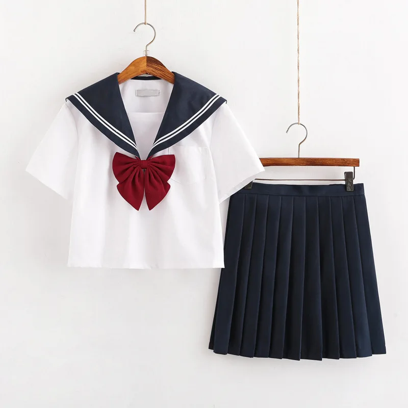 Short-sleeved suit Новая летняя униформа с коротким/длинным рукавом, японское школьное платье, униформа для женщин и девочек, темно-синий костюм моряков, плиссированная юбка, комплекты - Цвет: Short-sleeved suit