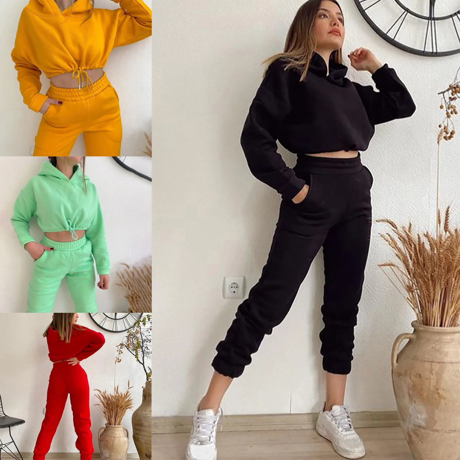 

2021 autumn and winter women's casual fashion long sleeved blouse abdominal pants fleece sweater two-piece set