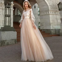 champagne wedding dresses elegant lace appliques o neck long lantern sleeve a line sweep train boho tulle bridal gowns custom