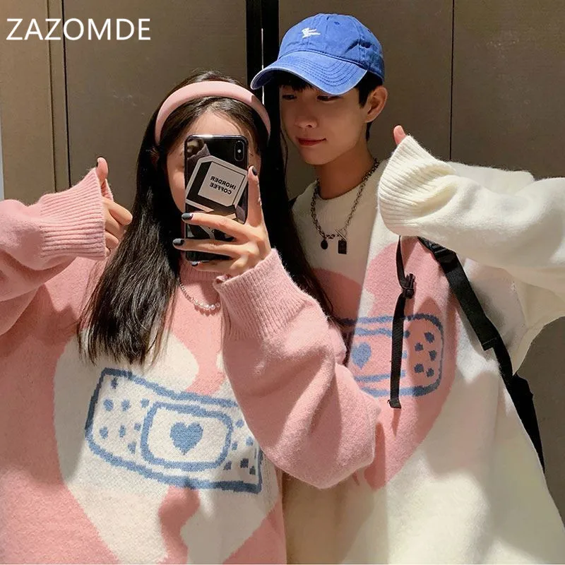 

ZAZOMDE Hip Hop Knitted Couple Sweater 2021 Men Streetwear Heart Patchwork Pullover High Street Casual Sweater Harajuku Autumn