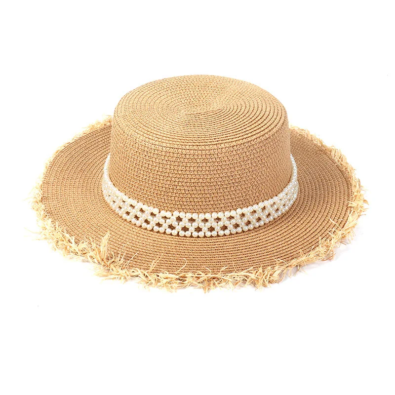 

Ladies straw hat summer chic pearl inlaid flat fisherman hat seaside beach light and large eaves sunshade sun hat