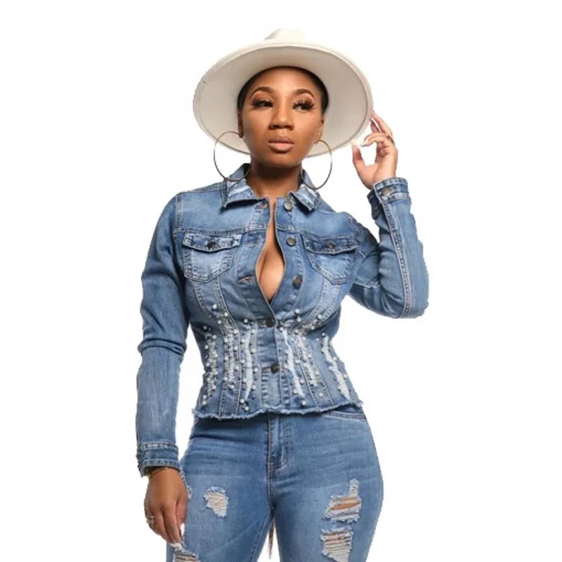 Женская джинсовая куртка с бисером голубая приталенная ковбойская одежда для