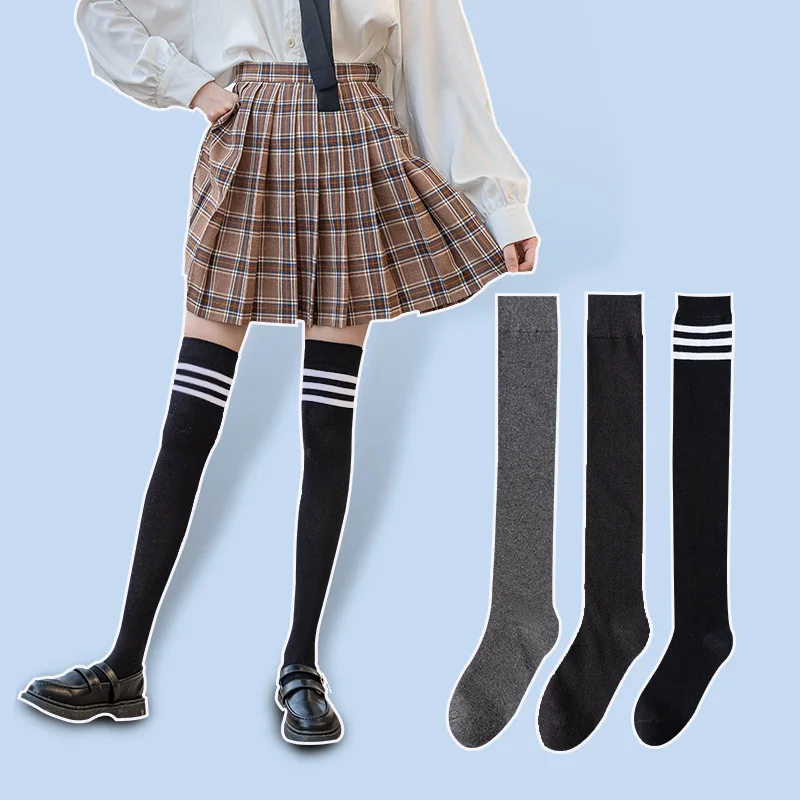 Модные женские чулки носки выше колена в полоску теплые длинные весенние