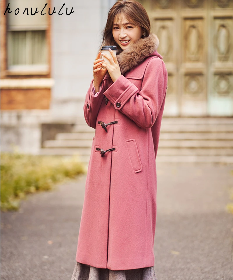

2021 autumn and winter new ladies fox fur collar hooded horn button mid-length woolen coat
